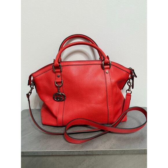 Gucci Red Britt Dome pebbled Satchel GG Leather Large Authentic with duster bag - Picture 1 of 13